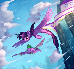 Size: 2400x2225 | Tagged: safe, artist:landypommel, spike (mlp), twilight sparkle (mlp), alicorn, dragon, equine, fictional species, mammal, pony, reptile, western dragon, feral, semi-anthro, friendship is magic, hasbro, my little pony, 2019, canterlot, canterlot castle, castle, claws, cloud, dragon wings, duo, duo male and female, feathered wings, feathers, female, flying, hair, high res, hooves, horn, male, mane, mountain, open mouth, scales, scenery, scenery porn, sky, smiling, spread wings, water, waterfall, webbed wings, wings