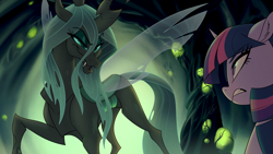 Size: 4444x2500 | Tagged: safe, artist:light262, queen chrysalis (mlp), twilight sparkle (mlp), arthropod, changeling, changeling queen, equine, fictional species, mammal, pony, unicorn, feral, friendship is magic, hasbro, my little pony, 2021, cave, duo, duo female, egg, eyelashes, fangs, female, females only, gritted teeth, high res, horn, insect wings, jagged horn, looking at each other, mare, sharp teeth, smiling, smug, tail, teeth, wings