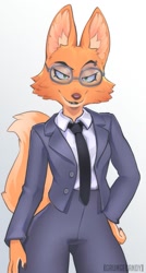 Size: 545x1014 | Tagged: safe, alternate version, artist:grungecandy, diane foxington (the bad guys), canine, fox, mammal, anthro, dreamworks animation, the bad guys, 2022, bedroom eyes, black nose, bottomwear, clothes, digital art, ears, eyebrow piercing, eyelashes, female, fur, glasses, looking at you, necktie, pants, piercing, seductive, seductive eyes, seductive pose, shirt, simple background, smiling, smiling at you, solo, solo female, tail, thighs, topwear, vixen, wide hips