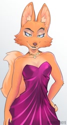 Size: 545x1014 | Tagged: safe, artist:grungecandy, diane foxington (the bad guys), canine, fox, mammal, anthro, dreamworks animation, the bad guys, 2022, bedroom eyes, black nose, clothes, digital art, dress, ears, eyebrow piercing, eyelashes, female, fur, jewelry, looking at you, necklace, piercing, seductive, seductive eyes, seductive pose, simple background, smiling, smiling at you, solo, solo female, tail, thighs, vixen, wide hips