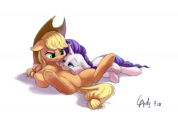 Size: 1600x1050 | Tagged: safe, artist:landypommel, applejack (mlp), rarity (mlp), earth pony, equine, fictional species, mammal, pony, unicorn, feral, friendship is magic, hasbro, my little pony, 2016, angry, blep, clothes, cowboy hat, cuddling, cute, duo, duo female, eyelashes, female, female/female, females only, feral/feral, hair, hat, headwear, hooves, horn, hug, looking at each other, lying down, mane, mare, on back, rarijack (mlp), shipping, signature, simple background, tail, tongue, tongue out, underhoof, white background