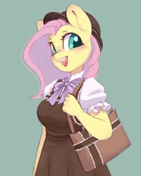 Size: 856x1068 | Tagged: safe, artist:melodylibris, fluttershy (mlp), equine, fictional species, mammal, pegasus, pony, anthro, friendship is magic, hasbro, my little pony, 2022, anthrofied, blushing, bow, bow tie, breasts, clothes, cute, dress, female, green eyes, hair, hand, handbag, hat, headwear, looking at you, mane, open mouth, pink hair, pink mane, simple background, smiling, solo, solo female, yellow body