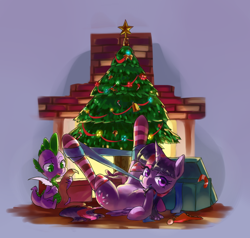 Size: 1000x950 | Tagged: safe, artist:landypommel, spike (mlp), twilight sparkle (mlp), alicorn, dragon, equine, fictional species, mammal, pony, western dragon, feral, semi-anthro, friendship is magic, hasbro, my little pony, 2015, bound legs, candy cane, chimney, christmas, christmas gift, christmas lights, christmas ornament, christmas tree, clothes, conifer tree, duo, feathered wings, feathers, female, filly, foal, hair, hat, headwear, holiday, hooves, horn, legwear, lights, male, mane, present, quill, ribbon, ribbon bondage, santa hat, scroll, socks, striped clothes, striped legwear, tree, wings, young