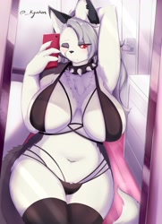 Size: 2960x4096 | Tagged: safe, artist:kyuukon, artist:macaronneko, collaboration, loona (vivzmind), canine, fictional species, hellhound, mammal, anthro, hazbin hotel, helluva boss, 2022, absolute cleavage, belly button, bikini, breasts, cell phone, cleavage, clothes, collar, colored sclera, ears, female, gray hair, hair, high res, huge breasts, lingerie, long hair, midriff, nudity, partial nudity, phone, red sclera, silver hair, simple background, smartphone, solo, solo female, spiked collar, swimsuit, tail, thick thighs, thighs, underwear, white background