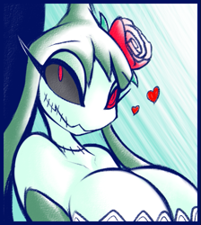 Size: 557x622 | Tagged: safe, artist:r-mk, fictional species, mawile, undead, zombie, anthro, nintendo, pokémon, 2019, anthrofied, breasts, bust, cleavage, clothes, digital art, dress, eyelashes, female, flower, flower in hair, hair, hair accessory, huge breasts, looking at you, plant, portrait, solo, solo female, wedding dress