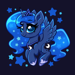 Size: 4000x4000 | Tagged: safe, artist:confetticakez, princess luna (mlp), alicorn, equine, fictional species, mammal, pony, feral, friendship is magic, hasbro, my little pony, 2022, absurd resolution, blue background, blue body, blue eyes, chibi, crown, cute, ethereal mane, ethereal tail, feathered wings, feathers, female, hair, headwear, hoof shoes, horn, jewelry, mane, mare, peytral, regalia, simple background, smiling, solo, solo female, starry eyes, starry hair, starry mane, starry tail, stars, tail, wingding eyes, wings