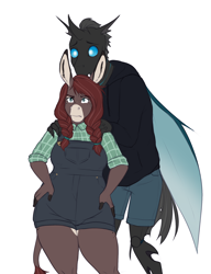 Size: 1958x2550 | Tagged: safe, artist:thecatnamedfish, kevin (mlp), oc, oc:maple (thecatnamedfish), arthropod, changeling, donkey, equine, fictional species, mammal, anthro, friendship is magic, hasbro, my little pony, 2020, anthrofied, bottomwear, braid, clothes, duo, ears, female, hair, hiding behind someone, high res, hoodie, male, male/female, overalls, plaid, plaid shirt, shipping, shorts, size difference, tail, topwear, wings