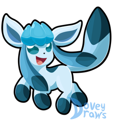 Size: 1280x1379 | Tagged: safe, artist:doveydraws, eeveelution, fictional species, glaceon, mammal, feral, nintendo, pokémon, ambiguous gender, cute, fur, simple background, solo, tail, transparent background, watermark