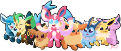 Size: 1280x543 | Tagged: safe, artist:doveydraws, eevee, eeveelution, espeon, fictional species, flareon, glaceon, jolteon, leafeon, mammal, sylveon, umbreon, vaporeon, feral, nintendo, pokémon, 2d, ambiguous gender, ambiguous only, cute, fur, group, simple background, tail, transparent background, watermark