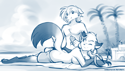Size: 2240x1280 | Tagged: suggestive, alternate version, artist:twokinds, evals (twokinds), mike (twokinds), fictional species, keidran, mammal, anthro, twokinds, beach, blep, bottomwear, breasts, butt, clothes, female, male, monochrome, one eye closed, rule 63, shorts, sunscreen, tongue, tongue out, winking