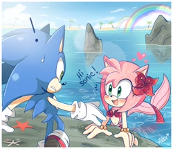 Size: 1784x1536 | Tagged: safe, artist:piink__rose, amy rose (sonic), sonic the hedgehog (sonic), fictional species, fish, mammal, mermaid, anthro, humanoid, sega, sonic the hedgehog (series), duo, female, male