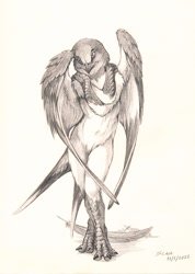 Size: 912x1280 | Tagged: suggestive, artist:scale, bird, songbird, swallow, anthro, ambiguous gender, monochrome, solo, traditional art