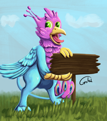Size: 1756x1991 | Tagged: safe, artist:gyrotech, oc, oc:gyro feather, oc:gyro feather (gryphon), bird, feline, fictional species, galliform, gryphon, mammal, peacock gryphon, peafowl, feral, beak, bird feet, blue body, blue feathers, blue fur, claws, feathered wings, feathers, fur, male, open mouth, purple feathers, sign, tail, tail tuft, wings