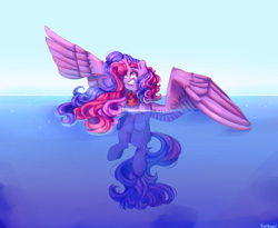 Size: 2200x1800 | Tagged: safe, artist:kaikuwi, oc, oc only, alicorn, equine, fictional species, mammal, pony, feral, friendship is magic, hasbro, my little pony, 2020, clothes, curved horn, digital art, feather, feathered wings, feathers, female, flowing mane, flowing tail, horn, looking up, mare, ocean, sad, scarf, sky, solo, solo female, spread wings, tail, teary eyes, teeth, underwater, water, wings