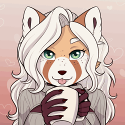 Size: 500x500 | Tagged: safe, artist:thecatnamedfish, oc, oc only, oc:tammy (thecatnamedfish), mammal, red panda, anthro, 1:1, 2020, 2d, 2d animation, animated, clothes, coffee mug, ear twitch, ears, eyelashes, female, freckles, gif, green eyes, hair, looking at you, low res, solo, solo female, sweater, tongue out, topwear, virgin killer sweater