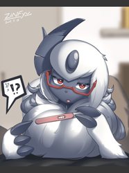 Size: 1920x2580 | Tagged: suggestive, artist:zinfyu, absol, fictional species, mammal, feral, nintendo, pokémon, 2019, bedroom eyes, black nose, claws, digital art, ears, eyelashes, female, fluff, fur, glasses, hair, horn, looking at you, neck fluff, open mouth, pointing, pregnancy test, pregnant, solo, solo female, speech bubble, tail, uh-oh