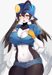 Size: 896x1280 | Tagged: safe, artist:shirasiyuki, klonoa (klonoa), cat, feline, mammal, anthro, klonoa, namco, 2022, belly button, big breasts, blushing, bottomwear, breasts, cap, cleavage, clothes, commission, digital art, ears, eyelashes, female, fingerless gloves, gloves, hat, headwear, looking at you, midriff, nudity, open mouth, partial nudity, pink nose, pose, rule 63, shorts, simple background, solo, solo female, tank top, thighs, tongue, topwear, white background, wide hips