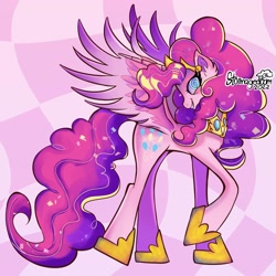 Size: 2500x2500 | Tagged: safe, artist:stormagedoom, pinkie pie (mlp), alicorn, equine, fictional species, mammal, pony, feral, friendship is magic, hasbro, idw, idw my little pony, my little pony, spoiler:comic57 (mlp idw), 2022, alicornified, female, grin, high res, mare, princess of chaos, race swap, smiling, solo, solo female, swirly eyes