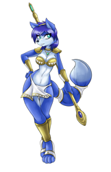 Size: 6600x10200 | Tagged: safe, artist:ambris, krystal (star fox), canine, fox, mammal, anthro, digitigrade anthro, nintendo, star fox, 2017, belly button, bikini, bikini top, black nose, breasts, choker, clothes, digital art, ears, eyelashes, female, fur, hair, hand on hip, jewelry, krystal's staff, loincloth, necklace, pose, sandals, shoes, shoulder pads, simple background, solo, solo female, swimsuit, tail, thighs, tribal markings, vixen, white background, wide hips