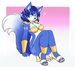 Size: 788x713 | Tagged: safe, artist:ambris, krystal (star fox), canine, fox, mammal, anthro, digitigrade anthro, nintendo, star fox, 2019, bikini, bikini top, black nose, border, breasts, choker, clothes, digital art, ears, eyelashes, female, fur, hair, hand on hip, jewelry, loincloth, looking away, necklace, pose, sandals, shoes, shoulder pads, simple background, sitting, solo, solo female, swimsuit, tail, thighs, tribal markings, vixen, white border, wide hips
