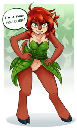 Size: 2550x4200 | Tagged: safe, alternate version, artist:ambris, elora (spyro), faun, fictional species, mammal, anthro, unguligrade anthro, spyro the dragon (series), 2018, bent over, black nose, border, breasts, clothes, dialogue, digital art, dress, ears, eyelashes, featureless crotch, female, fur, hair, hand on hip, hooves, looking at you, open mouth, simple background, solo, solo female, speech bubble, tail, talking, text, thighs, tongue, white border, wide hips
