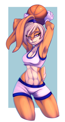 Size: 2187x4054 | Tagged: safe, artist:ambris, artist:evehly, collaboration, lola bunny (looney tunes), lagomorph, mammal, rabbit, anthro, looney tunes, space jam, warner brothers, 2017, abs, arm in air, armpits, ball, basketball, bedroom eyes, belly button, biceps, bottomwear, breasts, buckteeth, clothes, digital art, ears, eyelashes, female, fur, gloves, hair, muscles, muscular female, pink nose, pose, quadriceps, shorts, simple background, solo, solo female, sports bra, sports shorts, tail, teeth, thighs, topwear, wide hips