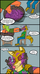 Size: 686x1280 | Tagged: safe, artist:dutch, canine, coyote, fox, mammal, anthro, barefoot, breasts, bucket, chair, comic strip, duo, faceless anthro, faceless character, faceless female, feet, female, fetish, food, foot fetish, foot focus, foot on face, foot worship, fruit, grapes, licking, licking foot, male, offscreen character, sitting, spread toes, stomp, thighs, toes, tongue, tongue out, vixen, wiggling toes