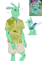Size: 1751x2550 | Tagged: safe, artist:thecatnamedfish, kevin (mlp), arthropod, changedling, changeling, equine, fictional species, mammal, pony, anthro, feral, friendship is magic, hasbro, my little pony, 2020, aloha shirt, anthrofied, bottomwear, clothes, food, high res, horn, insect wings, male, shirt, shorts, smiling, solo, solo male, soup, sparkles, topwear, wings