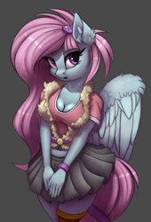 Size: 1828x2696 | Tagged: safe, artist:lightly-san, kerfuffle (mlp), equine, fictional species, mammal, pegasus, pony, anthro, friendship is magic, my little pony, 2020, anthrofied, arm band, bottomwear, breasts, cleavage, clothes, ear fluff, eyelashes, feathered wings, feathers, female, fluff, gray background, high res, looking at you, mare, midriff, moe, pincushion, pleated skirt, purple eyes, rainbow roadtrip, simple background, skirt, solo, solo female, tail, topwear, vest, wings