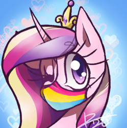 Size: 482x484 | Tagged: safe, artist:kwhittski, princess cadence (mlp), alicorn, equine, fictional species, mammal, pony, feral, friendship is magic, hasbro, my little pony, 2020, bust, crown, eyelashes, female, flag, hair, headwear, heart, horn, jewelry, looking at you, mane, mare, mask, one eye closed, pansexual, pansexual pride flag, pride flag, regalia, signature, solo, solo female, winking