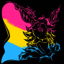 Size: 1280x1280 | Tagged: safe, artist:vickwolfly, oc, oc only, oc:jellyfang, bat, mammal, anthro, 2021, bust, cheek fluff, chest fluff, commission, flag, fluff, icon, male, pansexual, pansexual pride flag, pride flag, smiling, solo, solo male
