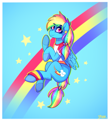 Size: 1329x1464 | Tagged: safe, artist:aaa-its-spook, rainbow dash (mlp), equine, fictional species, mammal, pegasus, pony, feral, friendship is magic, hasbro, my little pony, 2020, alternate hairstyle, blue body, clothes, cutie mark, eyelashes, feathered wings, feathers, female, flag, hair, hair tie, hooves, mane, mare, pansexual pride flag, pride, pride flag, rainbow hair, rainbow mane, rainbow tail, shirt, signature, smiling, solo, solo female, t-shirt, tail, topwear, wings