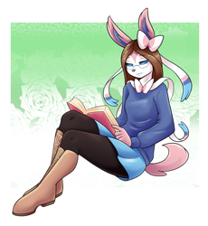 Size: 1725x1874 | Tagged: safe, artist:ambris, oc, oc only, eeveelution, fictional species, mammal, sylveon, anthro, nintendo, pokémon, 2019, bedroom eyes, black nose, book, boots, bottomwear, breasts, clothes, commission, digital art, ears, eyelashes, female, fur, glasses, hair, legwear, reading, ribbons (body part), shirt, shoes, simple background, skirt, solo, solo female, stockings, tail, thighs, topwear