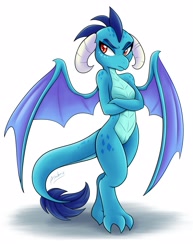 Size: 1275x1650 | Tagged: safe, artist:ambris, princess ember (mlp), dragon, fictional species, western dragon, anthro, digitigrade anthro, friendship is magic, hasbro, my little pony, 2016, bedroom eyes, blue scales, blue tail, crossed arms, digital art, dragon wings, dragoness, ears, eyebrows, eyelashes, female, hair, horns, looking away, pose, red eyes, scales, simple background, solo, solo female, spread wings, tail, thighs, unamused, wide hips, wings