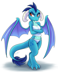 Size: 1275x1650 | Tagged: safe, alternate version, artist:ambris, princess ember (mlp), dragon, fictional species, western dragon, anthro, digitigrade anthro, semi-anthro, friendship is magic, hasbro, my little pony, 2016, bedroom eyes, blue scales, blue tail, clothes, crossed arms, digital art, dragon wings, dragoness, ears, eyebrows, eyelashes, female, hair, horns, looking away, panties, pose, red eyes, scales, simple background, solo, solo female, spread wings, tail, tank top, thighs, topwear, unamused, underwear, wide hips, wings