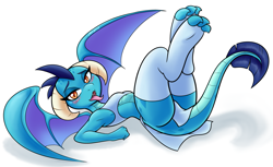 Size: 1175x720 | Tagged: suggestive, artist:ambris, princess ember (mlp), dragon, fictional species, western dragon, anthro, digitigrade anthro, friendship is magic, hasbro, my little pony, 2016, bedroom eyes, blushing, breasts, butt, clothes, digital art, dragon wings, dragoness, ears, eyelashes, female, hair, horns, legwear, loincloth, looking at you, lying down, open mouth, pose, scales, simple background, small breasts, solo, solo female, spread wings, stockings, tail, tank top, thighs, tongue, tongue out, topwear, underass, wide hips, wings