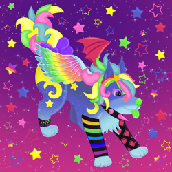 Size: 2048x2048 | Tagged: safe, artist:caelscrafts, oc, oc only, oc:xxsparklinaangelnightxx, canine, mammal, feral, 2022, abstract background, accessories, ambiguous gender, blue body, blue fur, collar, colored tongue, colored wings, countershading, digital art, eyelashes, fangs, female, fur, green nose, green tongue, hair, lisa frank, multicolored fur, multicolored hair, multicolored tail, multicolored wings, night, quadruped, rainbow wings, scene fashion, sharp teeth, solo, solo female, sparkledog, sparkles, spiked collar, star markings, stars, tail, teeth, tongue, wings, yellow marking