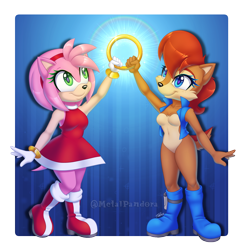 Size: 1134x1152 | Tagged: safe, artist:metalpandora, amy rose (sonic), princess sally acorn (sonic), chipmunk, hedgehog, mammal, rodent, archie sonic the hedgehog, sega, sonic the hedgehog (series), 2022, duo, duo female, female, females only, ring (sonic)