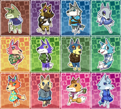 Size: 3000x2711 | Tagged: safe, artist:saintbull, part of a set, audie (animal crossing), chief (animal crossing), dobie (animal crossing), fang (animal crossing), freya (animal crossing), kyle (animal crossing), link (wolf form), link (zelda), skye (animal crossing), vivian (animal crossing), whitney (animal crossing), wolfgang (animal crossing), canine, mammal, wolf, anthro, animal crossing, animal crossing: new horizons, nintendo, the legend of zelda, the legend of zelda: breath of the wild, the legend of zelda: twilight princess, cane, coffee cup, drink, elderly, female, glasses, glasses on head, group, guitar, large group, lobo (animal crossing), male, musical instrument, paw pads, paws, saucer, shield, sunglasses, sunglasses on head, sword, tea, teacup, weapon