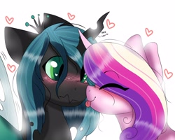 Size: 2500x2000 | Tagged: safe, artist:valkiria, princess cadence (mlp), queen chrysalis (mlp), alicorn, arthropod, changeling, changeling queen, equine, fictional species, mammal, pony, feral, friendship is magic, hasbro, my little pony, 2022, blep, blushing, boop, cadalis (mlp), canterlot wedding 10th anniversary, crown, cute, duo, eye through hair, eyes closed, female, female/female, feral/feral, hair, headwear, heart, high res, horn, horns are touching, infidelity, jagged horn, jewelry, mare, noseboop, regalia, shipping, simple background, smiling, tongue, tongue out, white background, wings