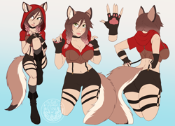 Size: 3549x2550 | Tagged: safe, artist:thecatnamedfish, animal humanoid, canine, fictional species, mammal, wolf, humanoid, 2021, belly button, braid, breasts, cleavage, clothes, ear fluff, ears, female, fluff, freckles, hair, high res, nails, socks, solo, solo female, tail