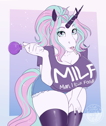 Size: 2765x3286 | Tagged: safe, artist:thecatnamedfish, equine, fictional species, galarian rapidash, horse, mammal, rapidash, anthro, nintendo, pokémon, 2021, anthrofied, big breasts, border, bottomwear, breasts, cleavage, clothes, commission, ears, female, hair, high res, horn, legwear, lipstick, lollipop, looking at you, makeup, mature, mature female, muffin top, shirt, short shorts, shorts, solo, solo female, tail, text, text on clothing, text on shirt, thick thighs, thighs, topwear, white border, wide hips