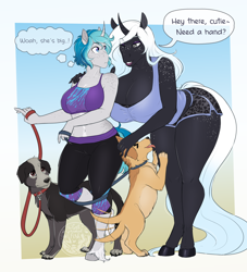 Size: 3000x3300 | Tagged: safe, artist:thecatnamedfish, oc, oc only, oc:bubble lee (thecatnamedfish), oc:lumina (shadowlockhart), canine, dog, equine, fictional species, horse, mammal, pony, unicorn, anthro, feral, 2021, big breasts, bottomwear, breasts, cleavage, clothes, collar, duo, female, freckles, hair, hair over one eye, high res, horn, huge breasts, leaning forward, leash, licking, lipstick, makeup, one eye closed, short shorts, shorts, size difference, sweatpants, tail, tail wag, text, tied up, tongue, tongue out