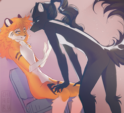 Size: 1643x1498 | Tagged: safe, artist:alpha, oc, oc only, oc:alpha (alpha), oc:tass (tassy), big cat, feline, hybrid, liger, lion, mammal, skunk, tiger, anthro, 2022, ambiguous gender, black body, black fur, chair, commission, duo, duo ambiguous, fur, glasses, hair, leaning, male, mane, ponytail, stripes, white body, white fur, ych result, yellow body, yellow fur