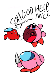 Size: 676x1010 | Tagged: safe, artist:faeamie, kirby (kirby), ambiguous species, fictional species, puffball (kirby), feral, semi-anthro, among us (game), kirby (series), nintendo, ambiguous gender, amogus, blushing, crossover, duo, holding, holding object, imminent vore, implied vore, knife, male, meme, not salmon, open mouth, running, simple background, sus, tongue, uvula, wat, white background, wtf
