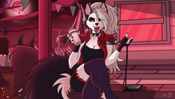 Size: 2560x1440 | Tagged: safe, artist:lw-88, loona (vivzmind), canine, demon, fictional species, hellhound, imp, mammal, anthro, digitigrade anthro, humanoid, hazbin hotel, helluva boss, 16:9, 2022, background character, bedroom eyes, big breasts, black nose, bottomwear, breasts, cell phone, clothes, collar, colored sclera, crop top, detailed background, digital art, ear fluff, ears, eyelashes, female, females only, fingerless gloves, fluff, fur, gloves, gray hair, hair, hell, jacket, leash, legwear, long hair, looking at you, open mouth, phone, red sclera, sharp teeth, shorts, sitting, smartphone, smiling, smiling at you, solo focus, spiked collar, stockings, tail, tail fluff, teeth, thick thighs, thighs, tongue, topwear, trio, trio female, wallpaper, wide hips