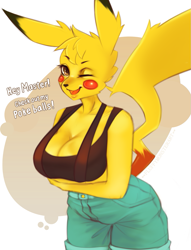 Size: 783x1024 | Tagged: safe, artist:fluffymonsterart, fictional species, mammal, mouse, pikachu, rodent, anthro, nintendo, pokémon, 2022, anthrofied, arm under breasts, big breasts, black nose, bottomwear, breasts, cleavage, clothes, dialogue, digital art, ears, eyelashes, female, fur, hair, looking at you, one eye closed, open mouth, shorts, simple background, solo, solo female, tail, talking, tank top, text, thighs, tongue, topwear, wide hips, yellow body