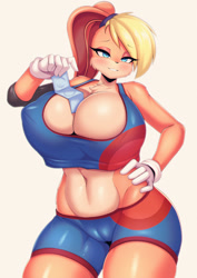 Size: 877x1240 | Tagged: suggestive, artist:tailz_kim, lola bunny (looney tunes), lagomorph, mammal, rabbit, anthro, looney tunes, space jam, space jam: a new legacy, warner brothers, 2021, bedroom eyes, belly button, blushing, bottomwear, breasts, clothes, condom, crop top, digital art, ears, eyelashes, female, fur, gloves, hair, hand on hip, huge breasts, looking at you, midriff, pink nose, shorts, simple background, smiling, smiling at you, solo, solo female, sports bra, sports shorts, tail, thighs, topwear, wide hips