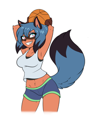 Size: 1770x2363 | Tagged: safe, artist:ambris, michiru kagemori (bna), canine, mammal, raccoon dog, anthro, bna: brand new animal, 2020, ball, basketball, belly button, black nose, bottomwear, breasts, clothes, digital art, ears, eyelashes, female, fur, gloves (arm marking), hair, mask (facial marking), multicolored eyes, shirt, shorts, simple background, solo, solo female, tail, thighs, topwear, two toned eyes, white background, wide hips