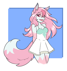 Size: 2100x2250 | Tagged: safe, artist:ambris, nazuna hiwatashi (bna), canine, fox, mammal, anthro, bna: brand new animal, 2020, arm behind back, breasts, clothes, digital art, dress, ears, eyelashes, female, fur, hair, looking at you, open mouth, pink nose, simple background, solo, solo female, tail, thighs, tongue, vixen, white background, wide hips